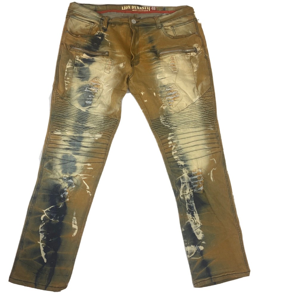 LION DYNASTY Mens Jeans Sz 40x 30 Slim Bleached Distressed EUC Acid Wash Brown